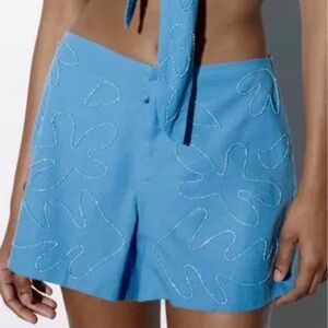 Zara Light Blue Embroidered Shorts